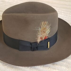 Stetson The Sovereign Temple Dark Sage Green Hat with Black Band and Feather